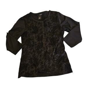 Hennes Black Paisley Henley Top Small Long Sleeve Textured Made in Italy
